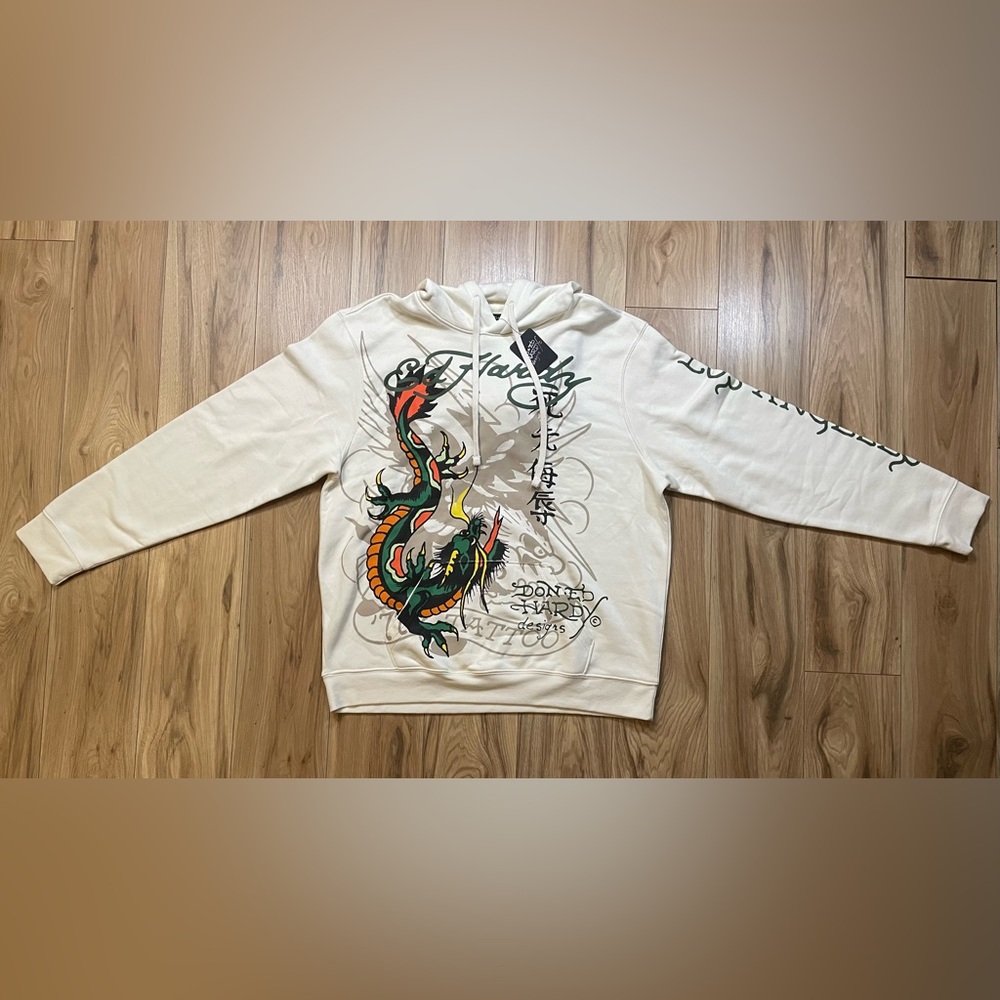 Ed Hardy Cream Hoodie with Colorful Dragon Tattoo Art